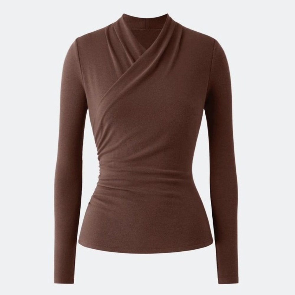 OGL Brown Long Sleeve Wrap Surplice Ruched Top Size Large NWT